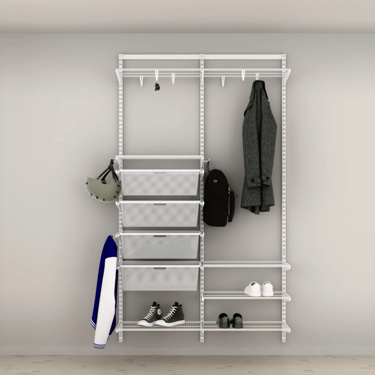 Eteisen säilytysratkaisu Elfa Classic 7, mesh-korit, lankahyllyt ja koukut, leveys 1253mm, valkoinen