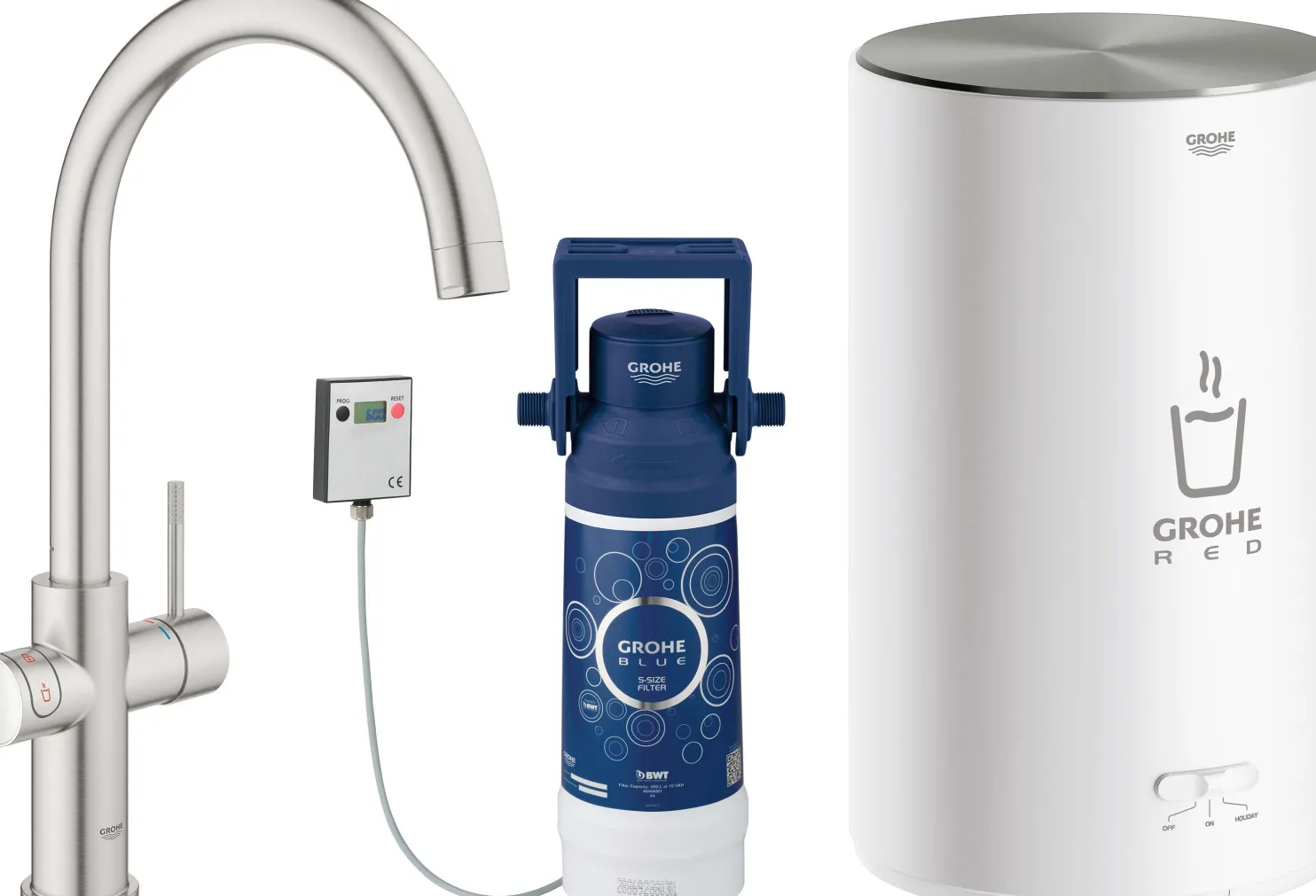 Keittiöhana Grohe Red Duo teräs M-koon kuumavesivaraajalla