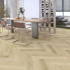 Kivikomposiittikalanruotovinyylilankku DomusFlooring Aino vaaleatammi, integroitu askeläänieriste