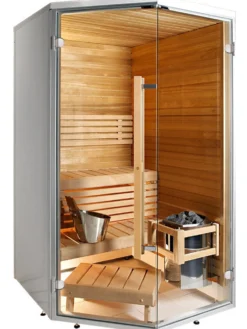 Kylpyhuonesauna Harvia Sirius Formula 1440x1240mm eri materiaaleja lämpökäsitelty panelointi kulmamalli