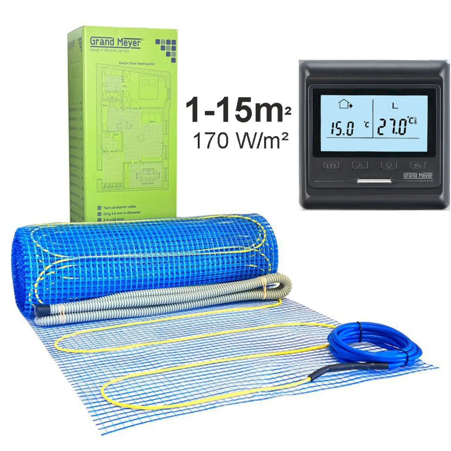 Lattialämmitysmatto Grand Meyer 1 m², 170 W/m² + termostaatti HW800, eri kokoja