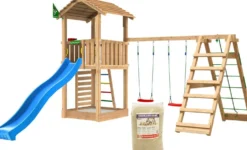 Leikkitorni Jungle Gym Cottage 2.1, 2-Climb Module 220, liukumäki ja 120 kg hiekkaa