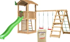 Leikkitorni Jungle Gym Cottage 2.1, 2-Climb Module 220, liukumäki ja 120 kg hiekkaa