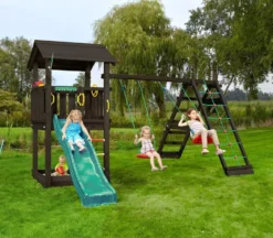 Leikkitornikokonaisuus Jungle Gym Casa 2.1, 2-Climb Module 220, mustaksi petsattu, tummanvihreä liukumäki