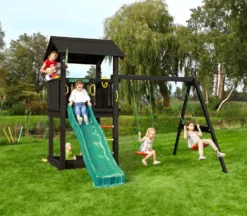 Leikkitornikokonaisuus Jungle Gym Casa 2.1, 2-Swing Module 220, mustaksi petsattu, tummanvihreä liukumäki