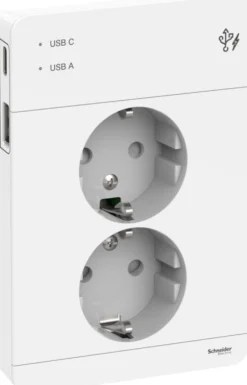 Pistorasia Schneider Electric Exxact 2-osainen peitelevyllä + 2x USB lataus A+C 3A valkoinen