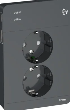 Pistorasia Schneider Electric Exxact 2-osainen peitelevyllä + 2x USB lataus A+C 3A antrasiitti
