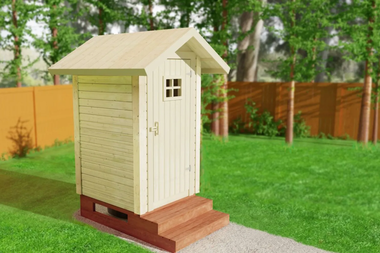 Puucee jalustalla + Biolan Eco käymälä, harjakatto, puuvalmis