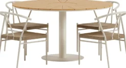 Ruokailuryhmä ulos Venture Home, beige Croft-pöytä Ø120cm + 4 beigeä Alfons-tuolia