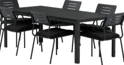 Ruokailuryhmä ulos Venture Home, musta Mirko-pöytä 205x90cm + 6 mustaa Nicke-tuolia
