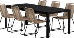 Ruokailuryhmä ulos Venture Home, musta Mirko-pöytä 205x90cm + 6 ruskeaa Lindos-tuolia