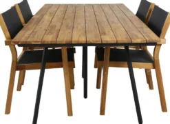 Ruokailuryhmä Venture Home, 200x100cm akaasia/musta Chan-pöytä + 4 mustaa, pinottavaa Venice-tuolia