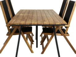 Ruokailuryhmä Venture Home, 200x100cm akaasia/musta Chan-pöytä + 4 musta/ruskeaa, kokoontaitettavaa Little John -säätötuolia