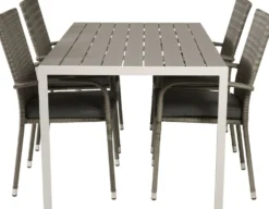 Ruokailuryhmä Venture Home, 150x90cm harmaa/valkoinen Break-pöytä + 4 harmaata, pinottavaa Anna-tuolia