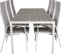 Ruokailuryhmä Venture Home, 205x90cm harmaa/valkoinen Break-pöytä + 6 harmaa/valkoista, pinottavaa Copacabana-säätötuolia