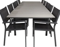 Ruokailuryhmä Venture Home, 229/310x100cm jatkettava harmaa/musta Levels-pöytä + 10 pinottavaa Copacabana-tuolia