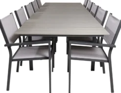 Ruokailuryhmä Venture Home, 229/310x100cm jatkettava harmaa/musta Levels-pöytä + 10 pinottavaa Copacabana-tuolia
