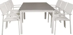Ruokailuryhmä Venture Home, 160/240x100cm jatkettava harmaa/valkoinen Levels-pöytä + 6 valkoista, pinottavaa Santorini-tuolia