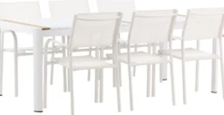 Ruokailuryhmä Venture Home, 200x100cm valkoinen/tiikki Togo-pöytä + 6 valkoista, pinottavaa Santorini-tuolia