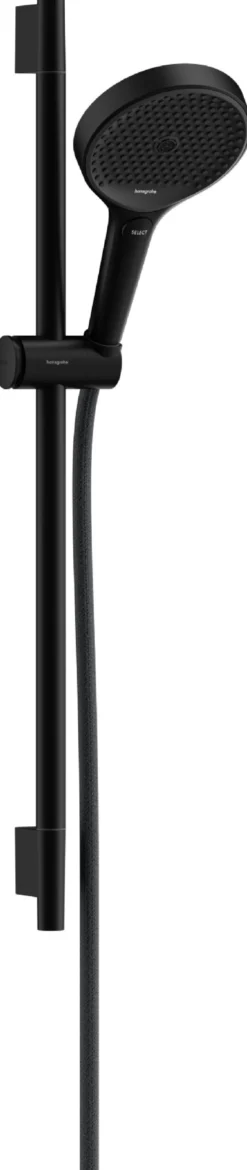 Suihkusetti Hansgrohe Rainfinity 130 3jet EcoSmart, suihkutanko S Puro 65 cm, liu'ulla ja Designflex-tekstiilisuihkuletkulla 160 cm, mattamusta