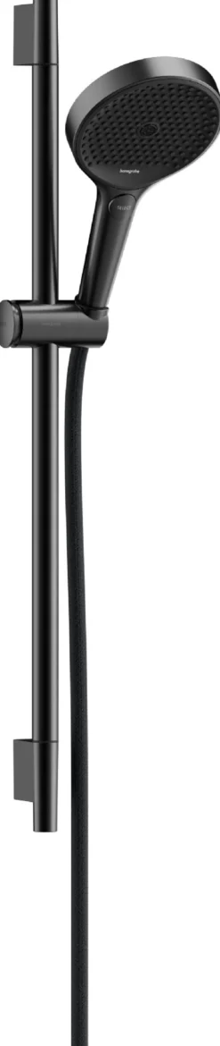 Suihkusetti Hansgrohe Rainfinity 130 3jet, suihkutanko S Puro 65 cm, liu'ulla ja Designflex-tekstiilisuihkuletkulla 160 cm, harjattu musta kromi