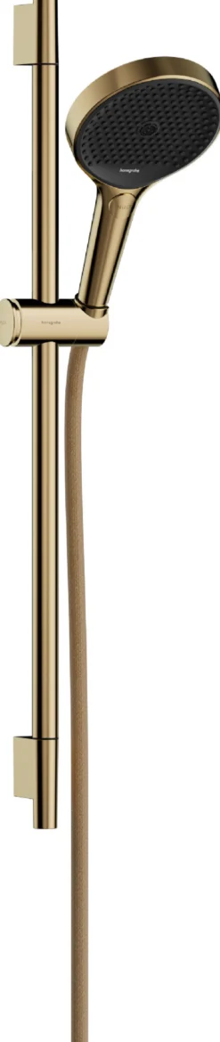 Suihkusetti Hansgrohe Rainfinity 130 3jet, suihkutanko S Puro 65 cm, liu'ulla ja Designflex-tekstiilisuihkuletkulla 160 cm, kiiltävä kulta