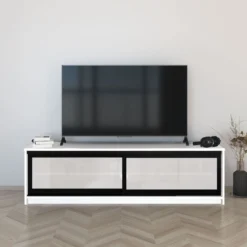 TV-taso liukuovilla Inaria Koti, mittatilaus, valkoinen lasi